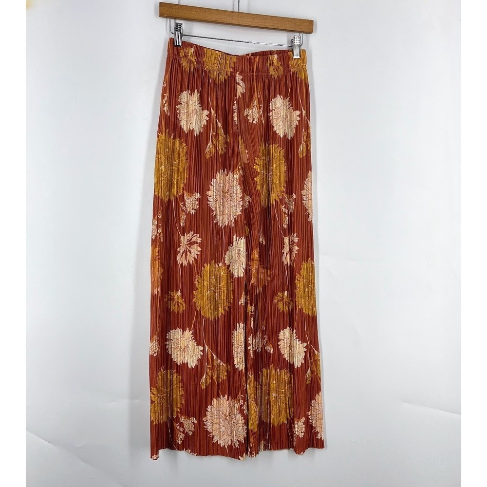 Urban Outfitters Rust Floral Plisse Wide Leg Pleated Pants Womens Medium M